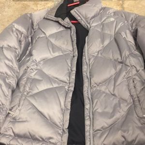 Silver north face puffer jacket